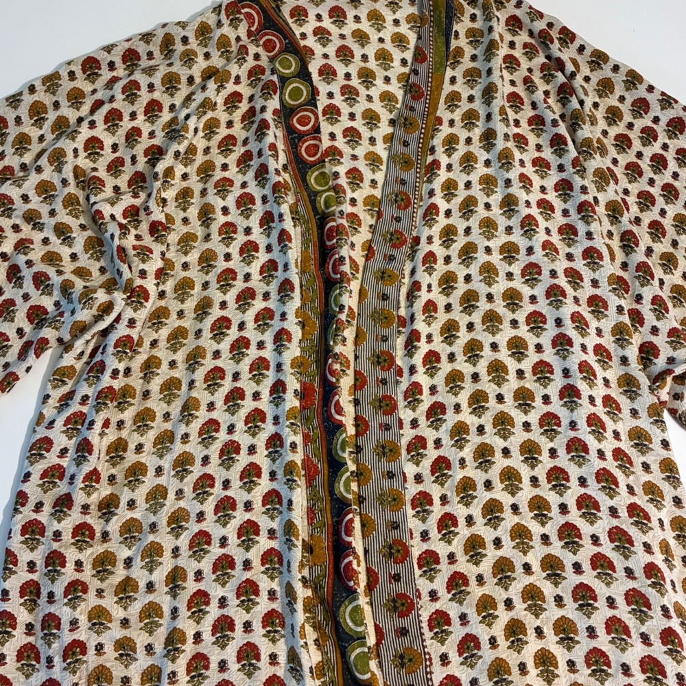 Indie Ella Silk Blend Kimono Cardigan Floral Block Print One Size Cream Red Boho - Picture 7 of 13